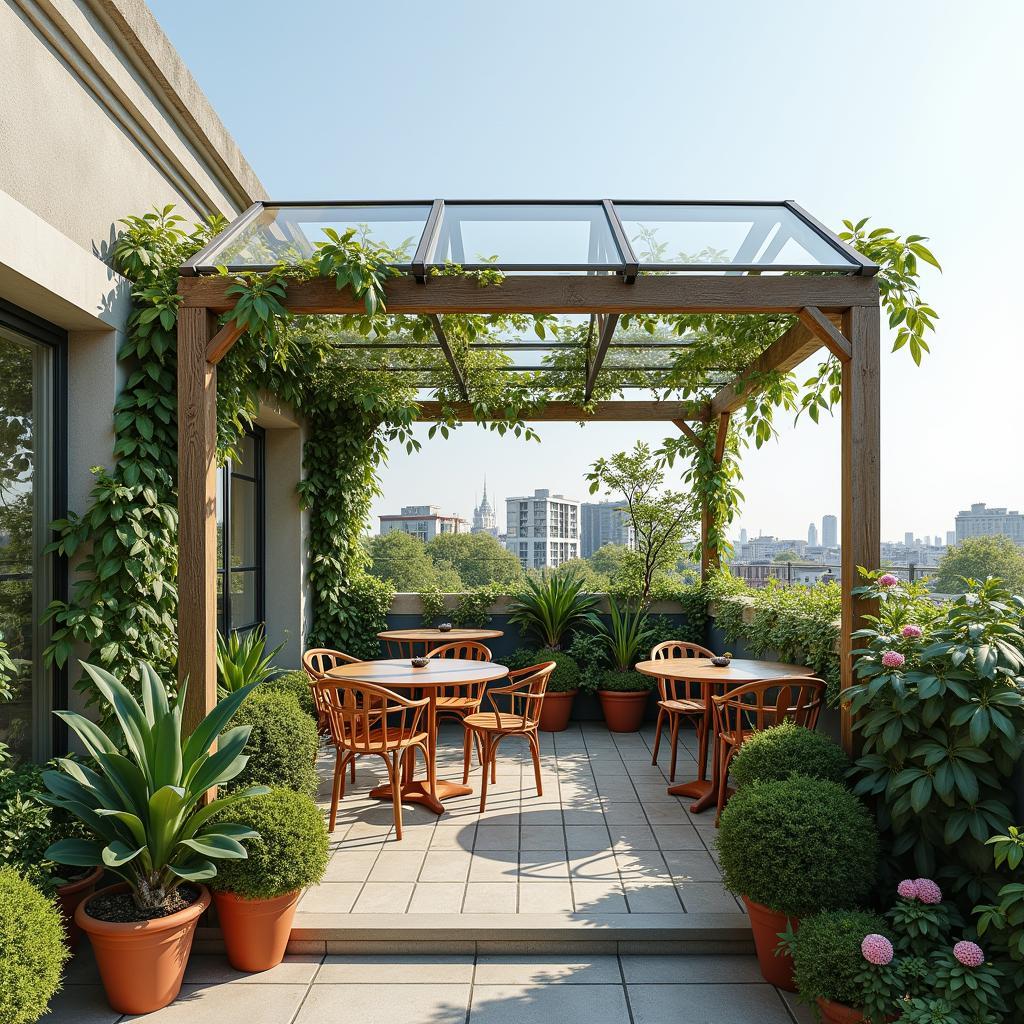 Mẫu mái che kính sân thượng cho quán cafe hoặc khu tiểu cảnh